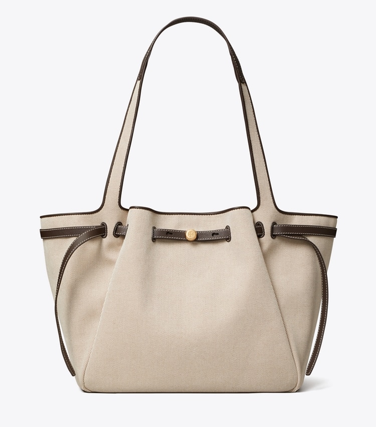 Tory Burch designer tote bags Romy Tote Bag aus Canvas in Dusty Almond/ Bianco White front