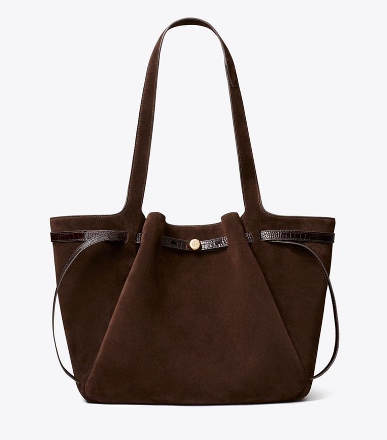 Tory Burch designer tote bags Romy Tote Bag aus Wildleder in Dark Cocoa front