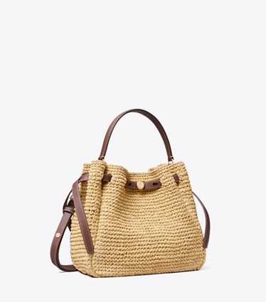 Tory Burch designer crossbody bags Romy Woven Bucket Bag in Natural angle
