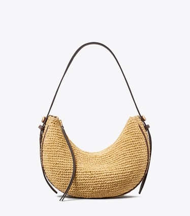 Tory Burch designer shoulder bags Romy Woven Half Moon Bag in Natural front