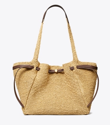Tory Burch designer tote bags Romy Woven Tote in Natural front