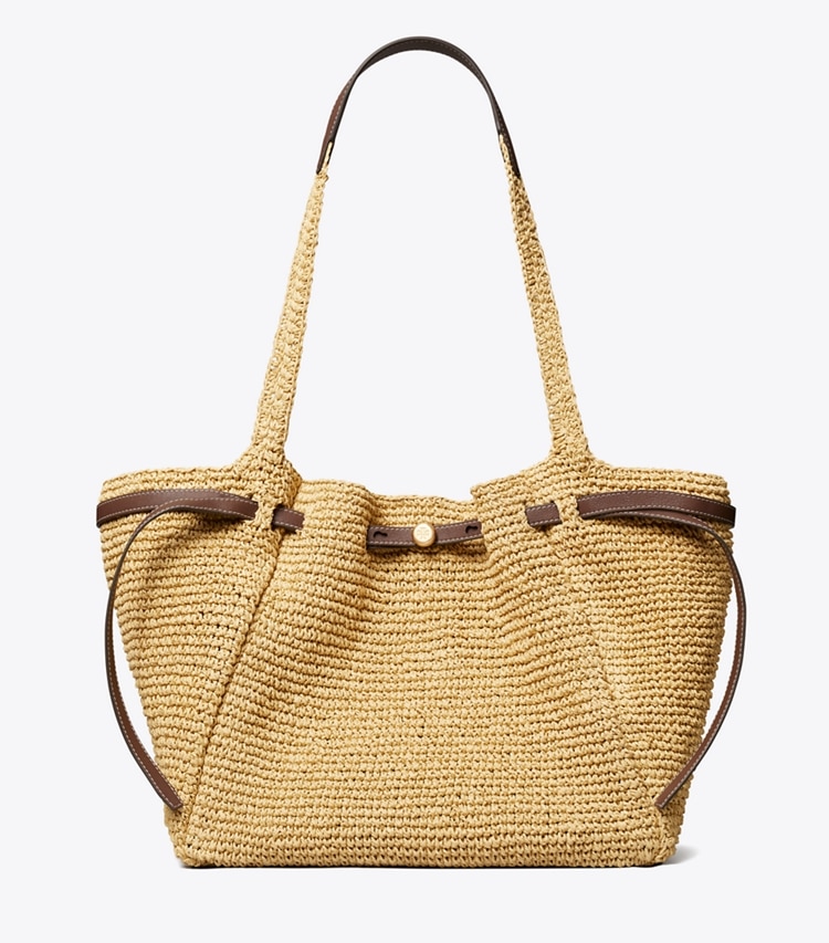Tory Burch designer tote bags Romy Woven Tote in Natural front