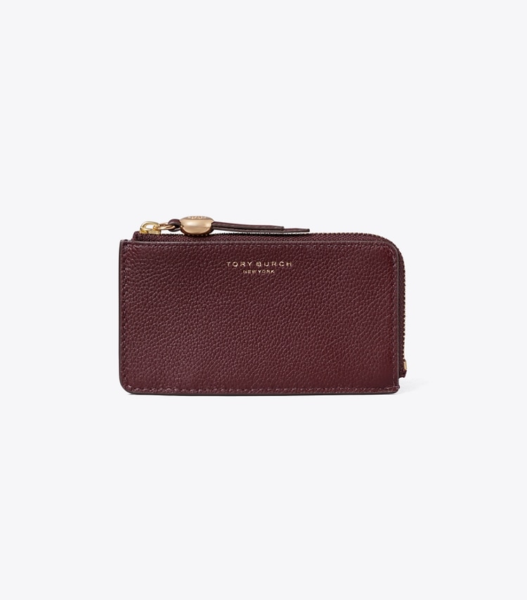 Tory Burch designer card cases Romy Zip Card Case in Dark Carmine front