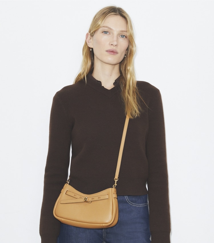 Tory Burch designer crossbody bags Romy Zip Top Crossbody in Tiramisu accessory on model