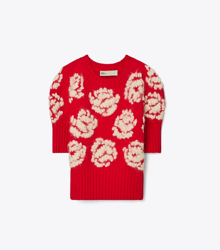 Tory Burch designer sweaters Rose-Embroidered Sweater in Bright Flame front