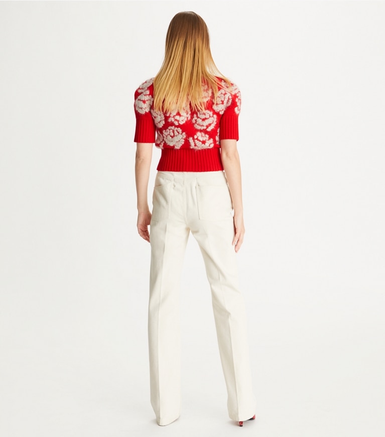 Tory Burch designer sweaters Rose-Embroidered Sweater in Bright Flame front