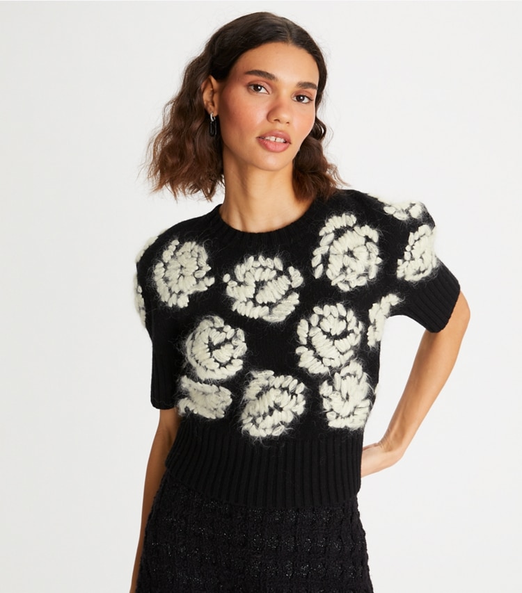 Tory Burch designer sweaters Rose-Embroidered Sweater in Black on model detail