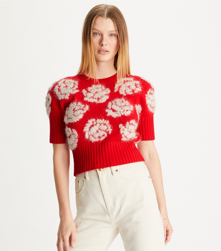 Tory Burch designer sweaters Rose-Embroidered Sweater in Bright Flame on model detail