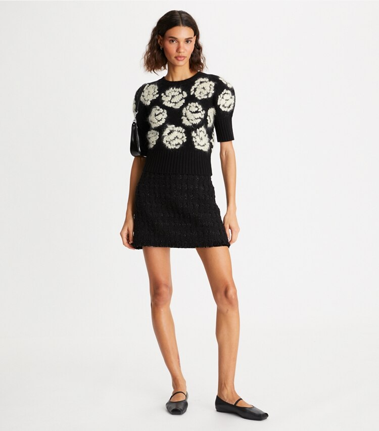 Tory Burch designer sweaters Rose-Embroidered Sweater in Black on model front