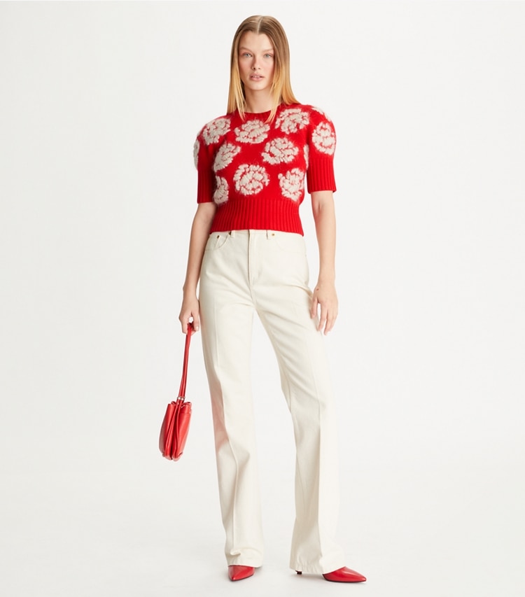 Tory Burch designer sweaters Rose-Embroidered Sweater in Bright Flame on model front
