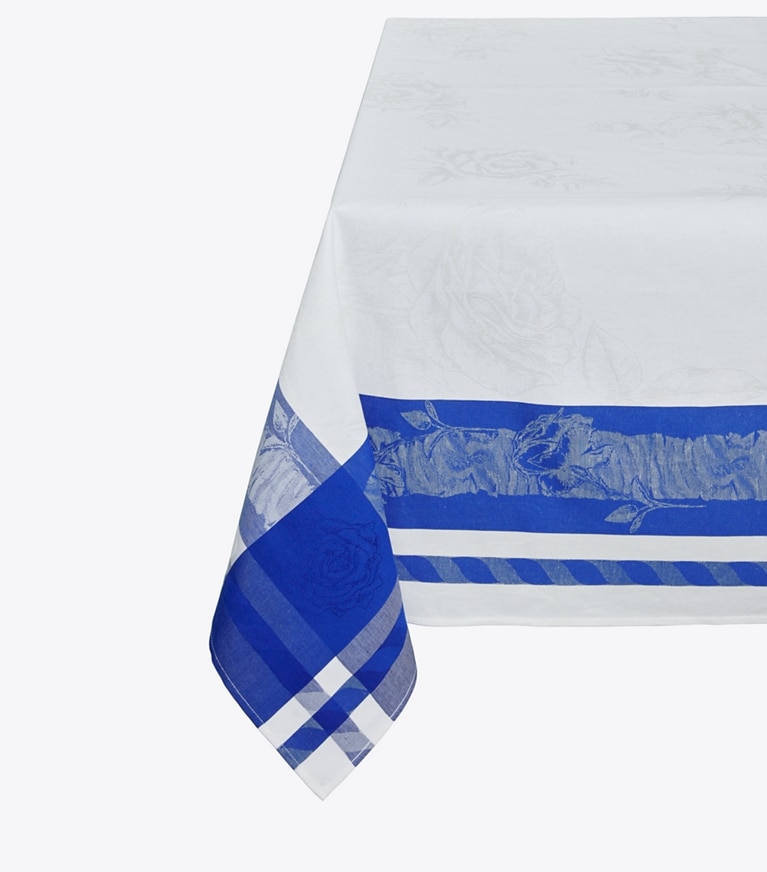 Tory Burch designer linens Rose Jacquard Square Tablecloth, 70"  in Blue front