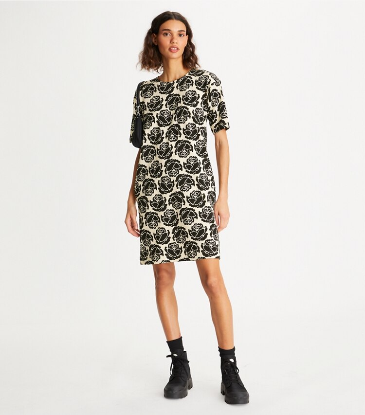 Tory Burch designer dresses Rose T-Shirt Dress in Black on model front