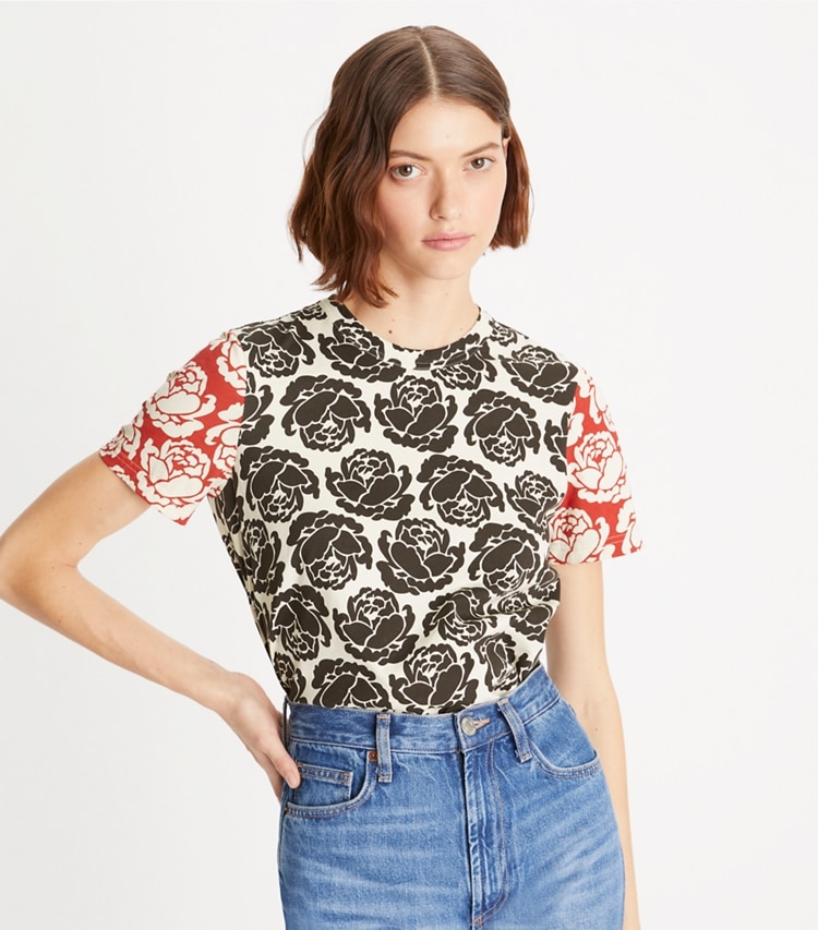Tory Burch designer tops Rose T-Shirt in Multi Patchwork on model detail