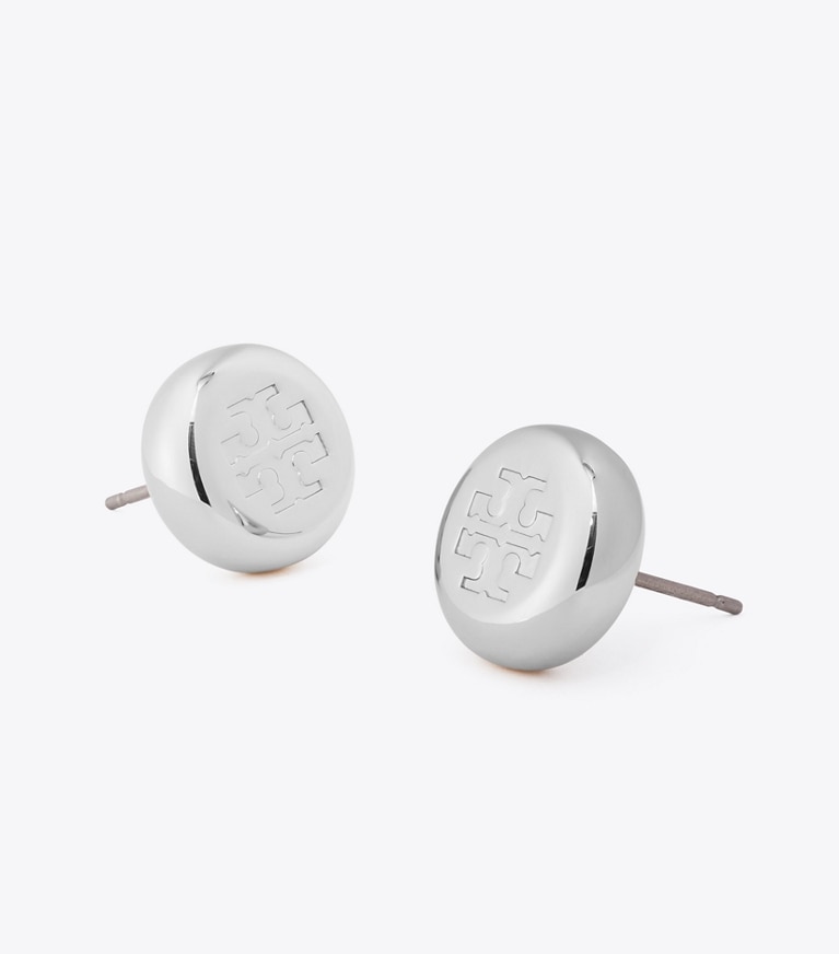 Tory Burch designer earrings Round Icon Stud Earrings in Light Silver detail