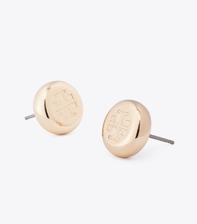 Tory Burch designer earrings Round Icon Stud Earrings in Light Brass detail
