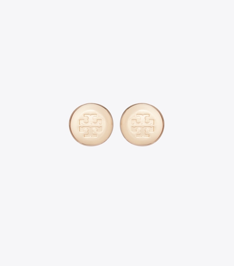 Tory Burch designer earrings Round Icon Stud Earrings in Light Brass front