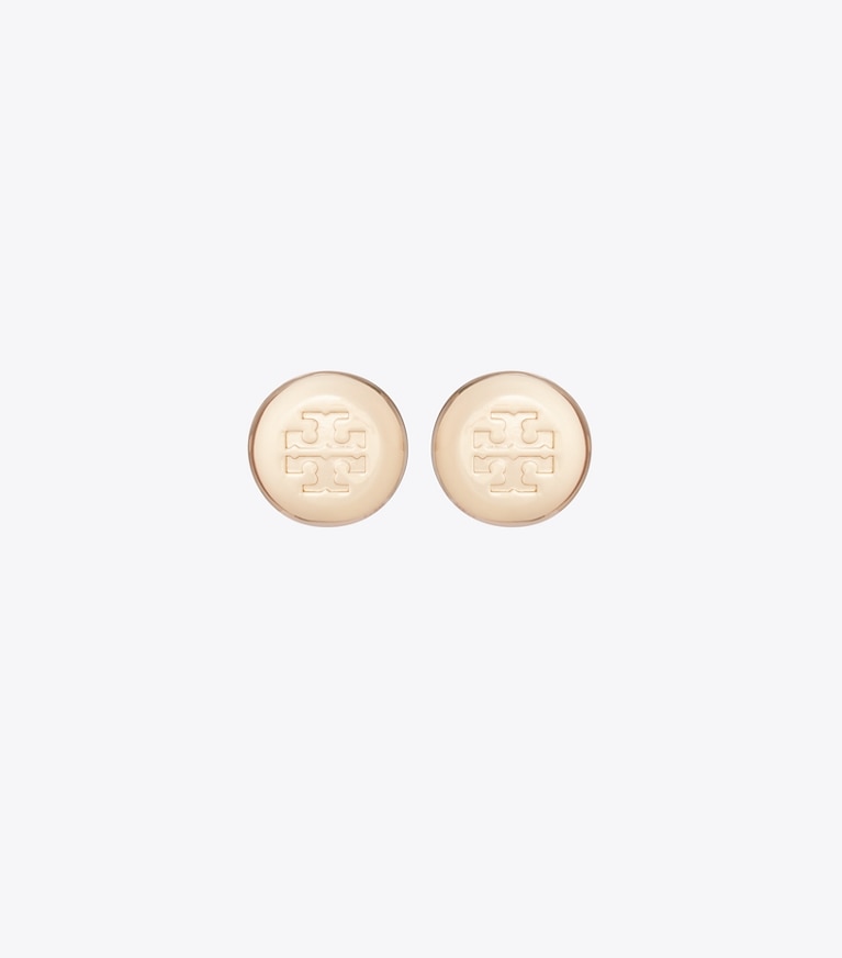 Tory Burch designer earrings Round Icon Stud Earrings in Light Brass front