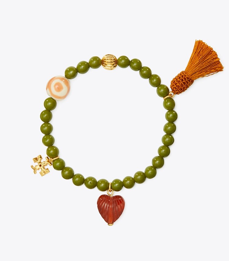 Tory Burch designer bracelets Roxanne Beaded Tassel Bracelet in Rolled Tory Gold / Green front