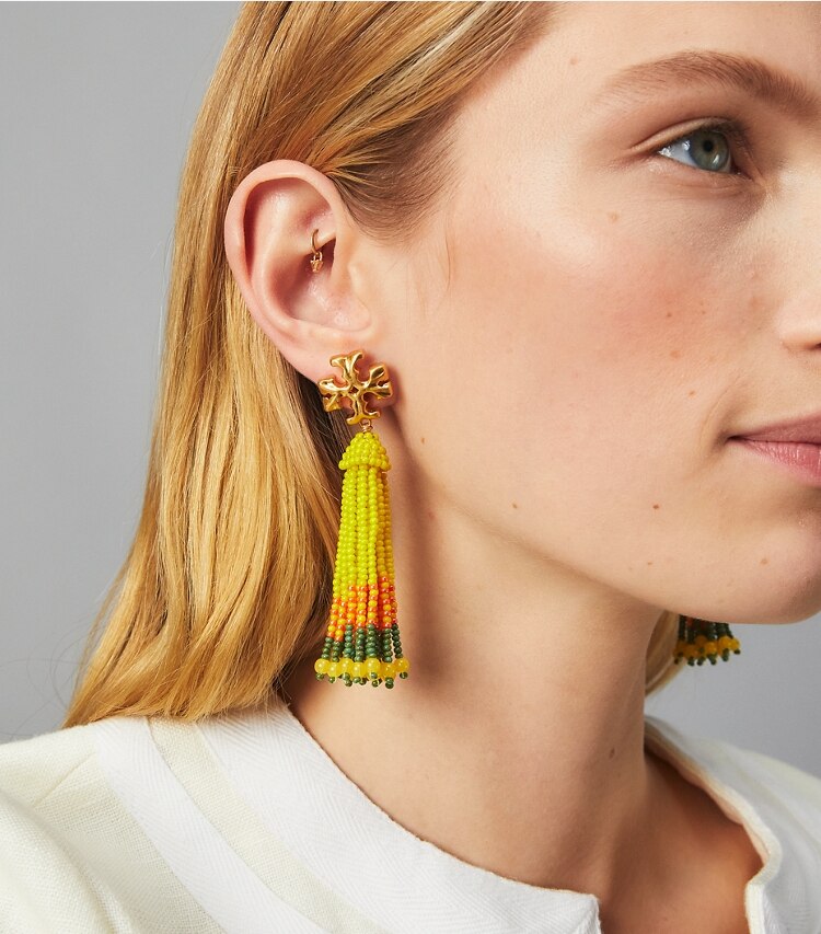 Tory Burch designer earrings Roxanne Beaded Tassel Earring in Rolled Brass / Yellow Multi accessory on model