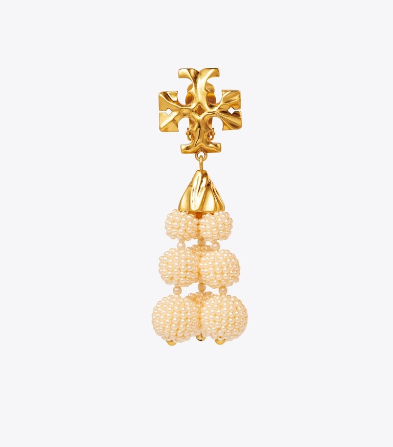 Tory Burch designer earrings Roxanne Beaded Tassel Earring in Rolled Brass/Ivory/Cream front