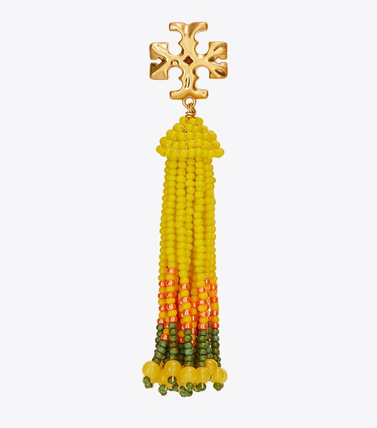 Tory Burch designer earrings Roxanne Beaded Tassel Earring in Rolled Brass / Yellow Multi detail