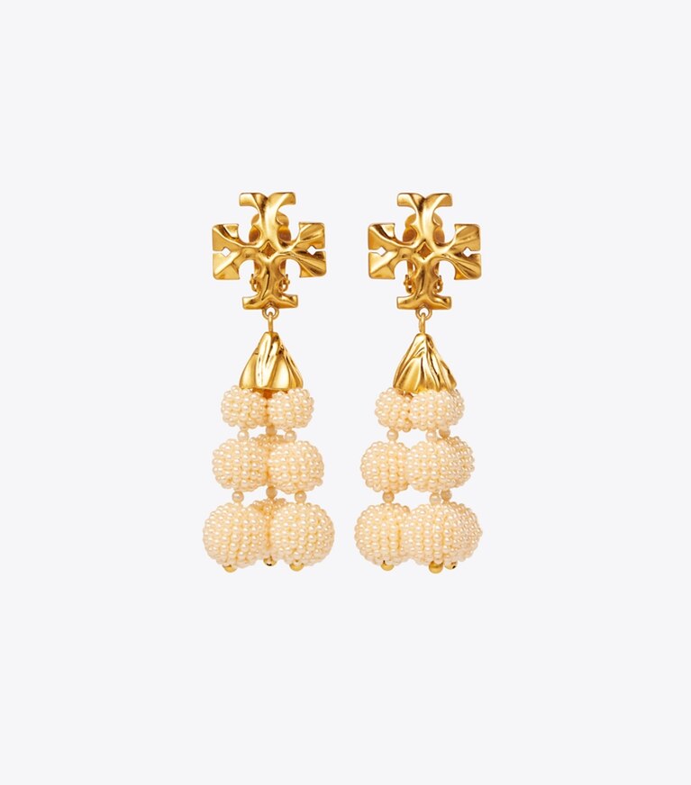 Tory Burch designer earrings Roxanne Beaded Tassel Earring in Rolled Brass/Ivory/Cream front