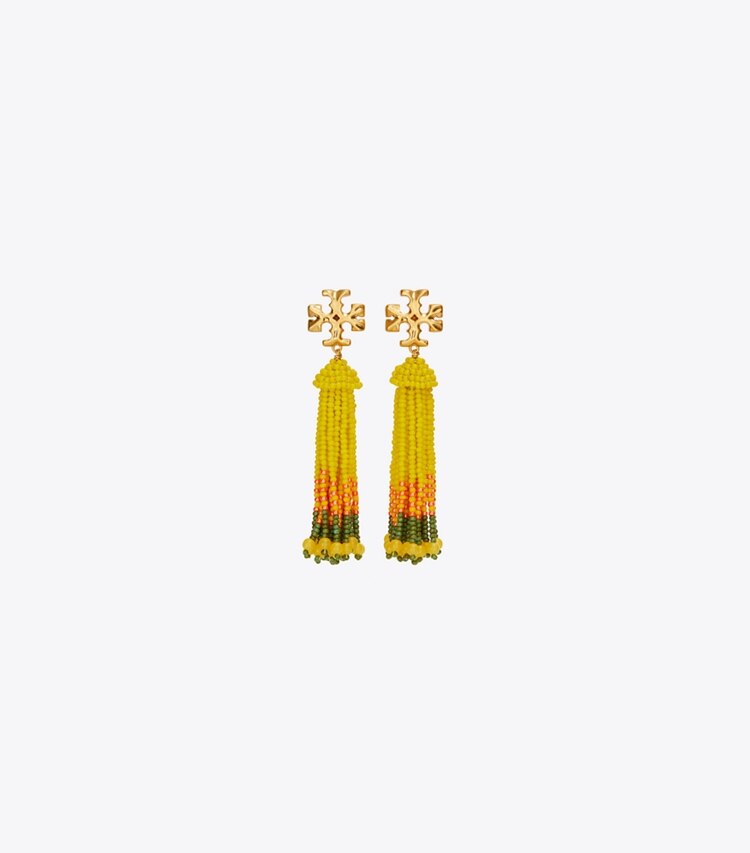 Tory Burch designer earrings Roxanne Beaded Tassel Earring in Rolled Brass / Yellow Multi front