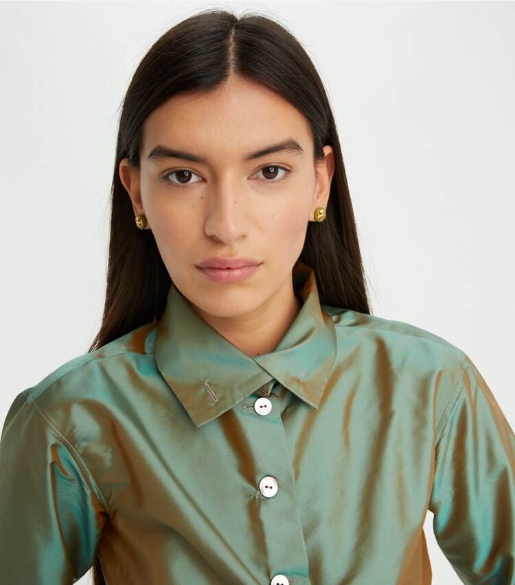 Tory Burch designer earrings Roxanne Button Earring in Rolled Brass/Green Chartreuse accessory on model