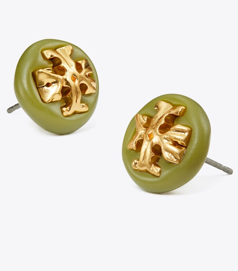 Tory Burch designer earrings Roxanne Button Earring in Rolled Brass/Green Chartreuse front