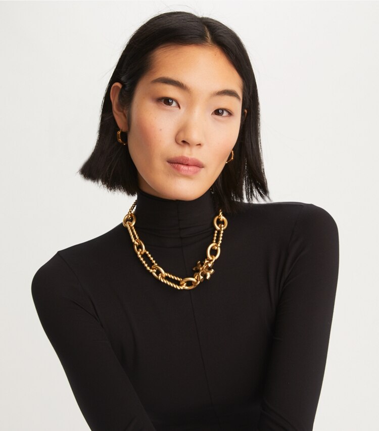 Tory Burch designer necklaces Roxanne Chain Beaded Rope Necklace in Rolled Tory Gold accessory on model