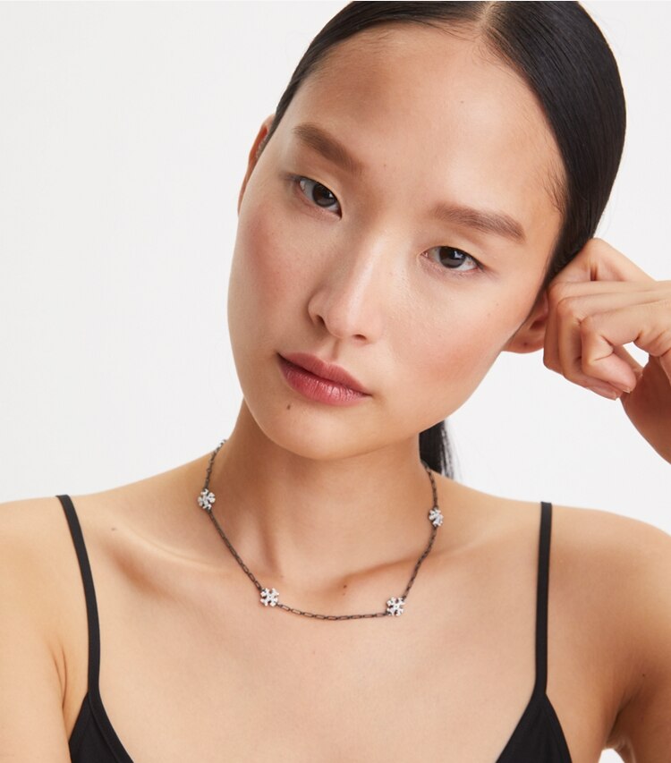 Tory Burch designer necklaces Roxanne Chain Delicate Enamel Necklace in Antique Pewter / Black / Crystal accessory on model