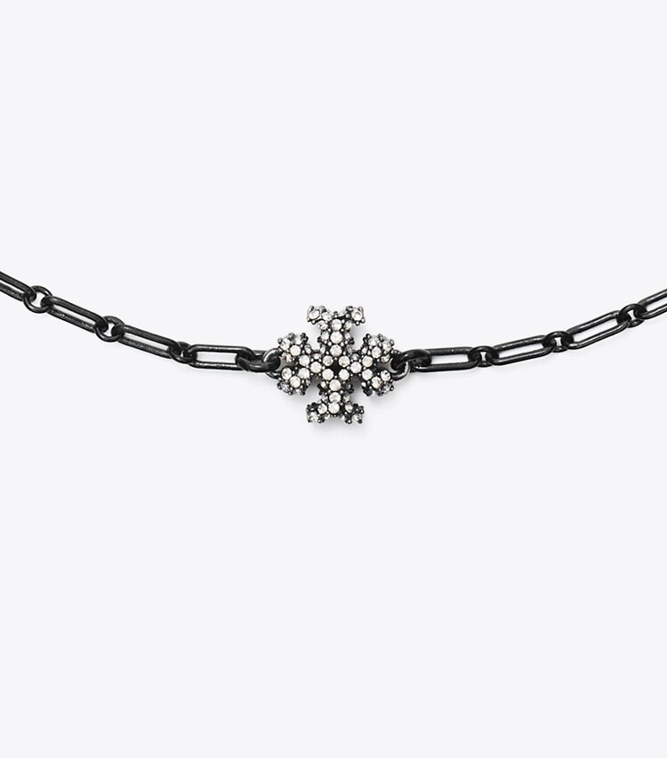 Tory Burch designer necklaces Roxanne Chain Delicate Enamel Necklace in Antique Pewter / Black / Crystal detail