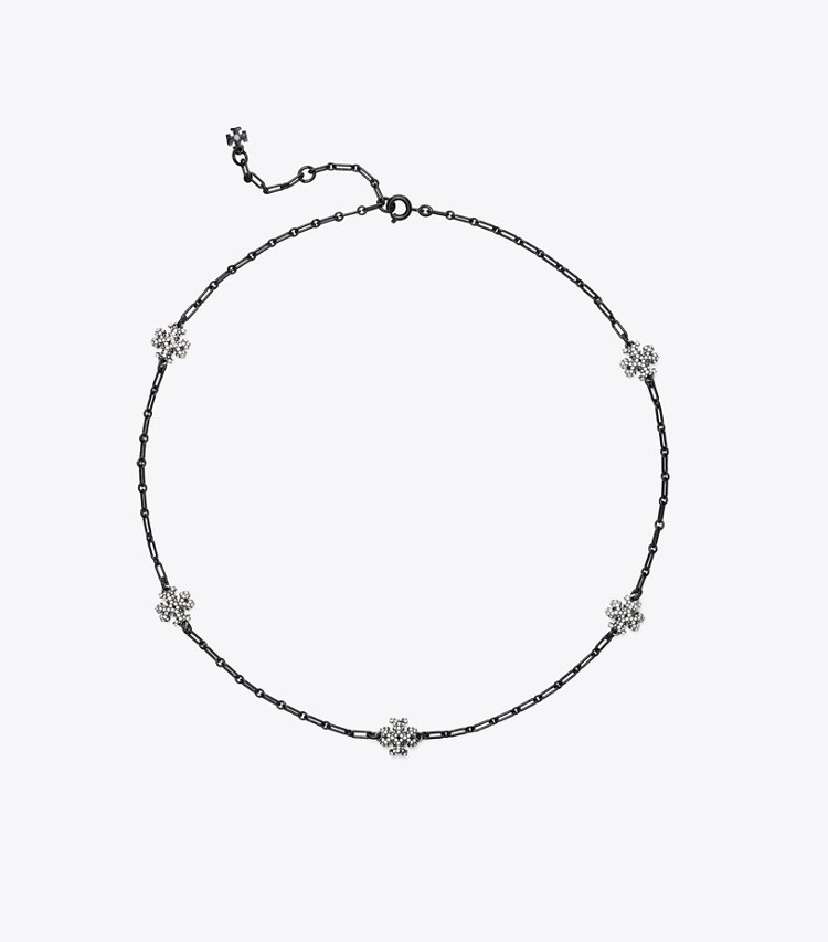 Tory Burch designer necklaces Roxanne Chain Delicate Enamel Necklace in Antique Pewter / Black / Crystal front