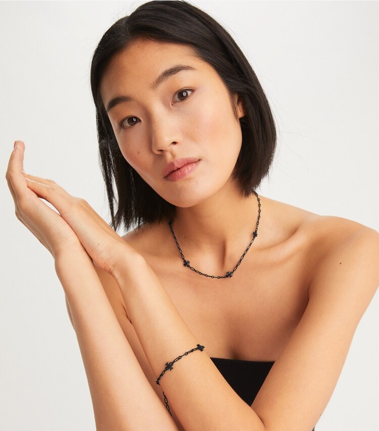 Tory Burch designer necklaces Roxanne Chain Delicate Necklace in Black / Black accessory on model