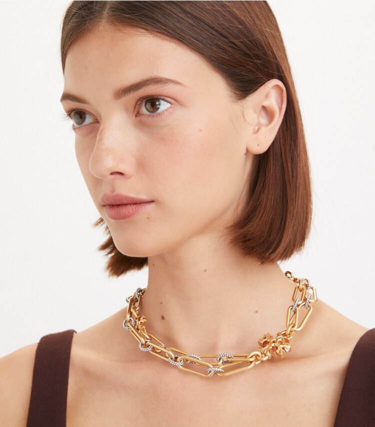 Tory Burch designer necklaces Roxanne Chain Layered Necklace in Rolled Tory Gold/Antique Pewter accessory on model