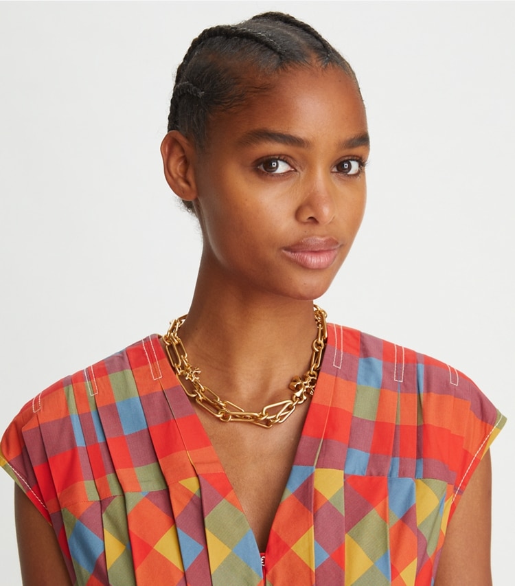 Tory Burch designer necklaces Roxanne Chain Layered Necklace in Rolled Tory Gold accessory on model