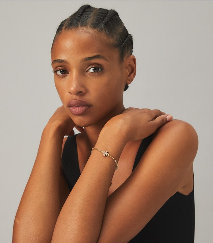 Tory Burch designer bracelets Roxanne Chain Pavé Delicate Bracelet in Rolled Tory Gold/Antique Pewter/Crystal accessory on model