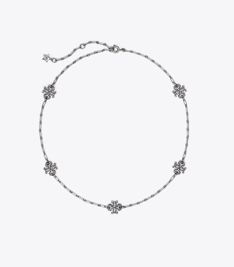 Tory Burch designer necklaces Roxanne Chain Pavé Delicate Necklace in Antique Pewter / Crystal front