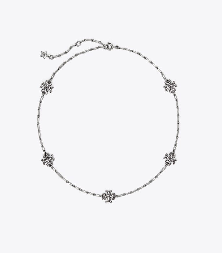 Tory Burch designer necklaces Roxanne Chain Pavé Delicate Necklace in Antique Pewter / Crystal front