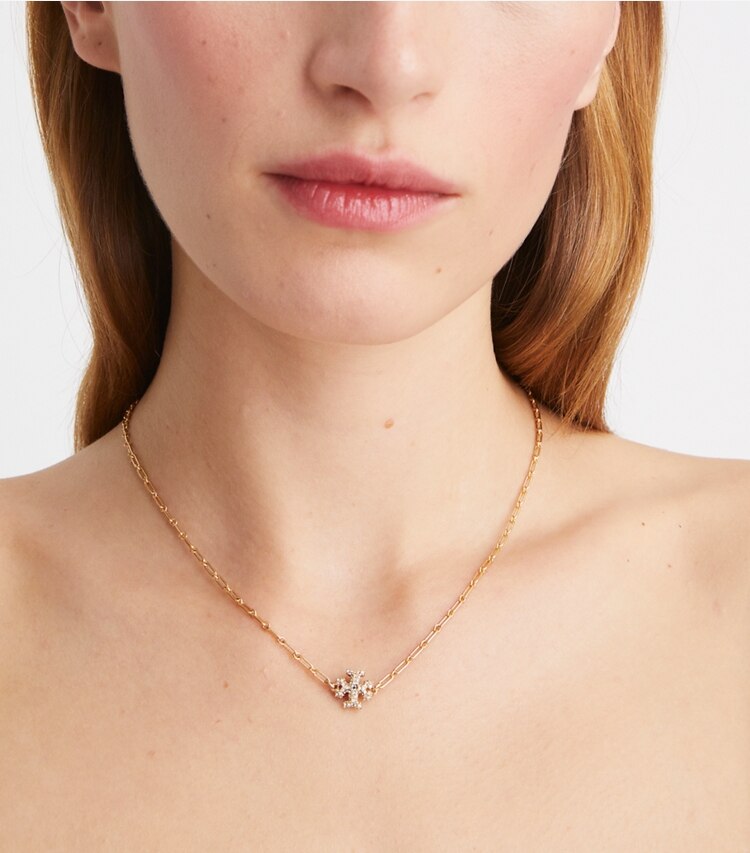 Tory Burch designer necklaces Roxanne Chain Pavé Pendant Necklace  in Rolled Tory Gold/Crystal accessory on model