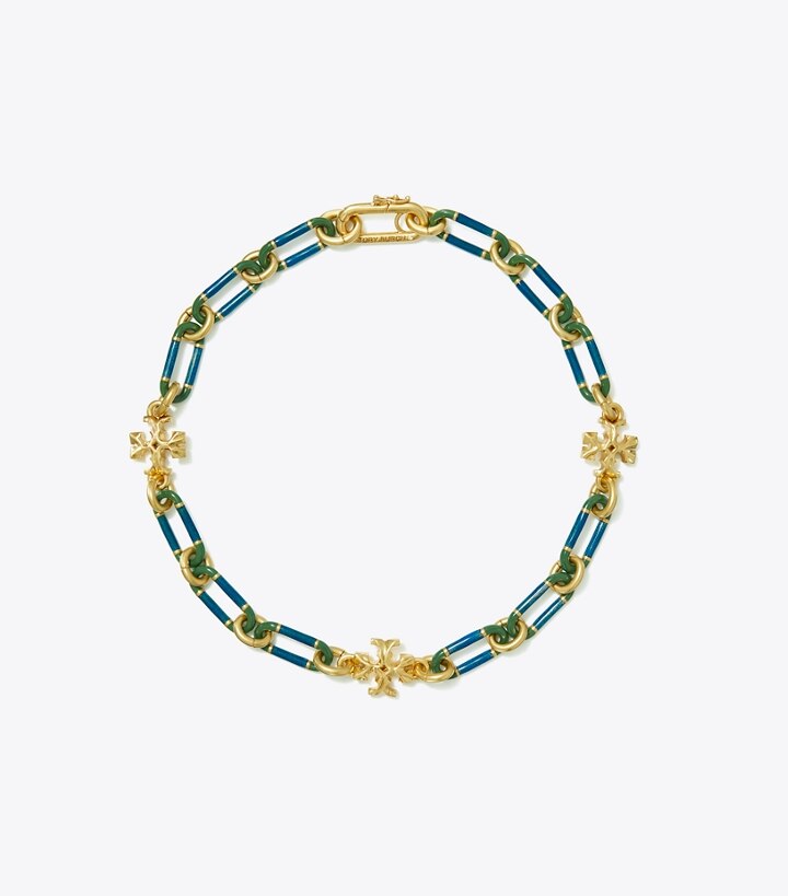 NEW Tory Burch Roxanne Chain Delicate Bracelet - Rolled Tory Gold / Green  