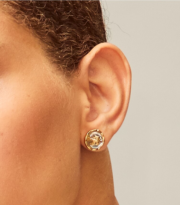 Tory Burch designer earrings Roxanne Circle-Stud Earring in Rolled Brass/Pale Papaya accessory on model