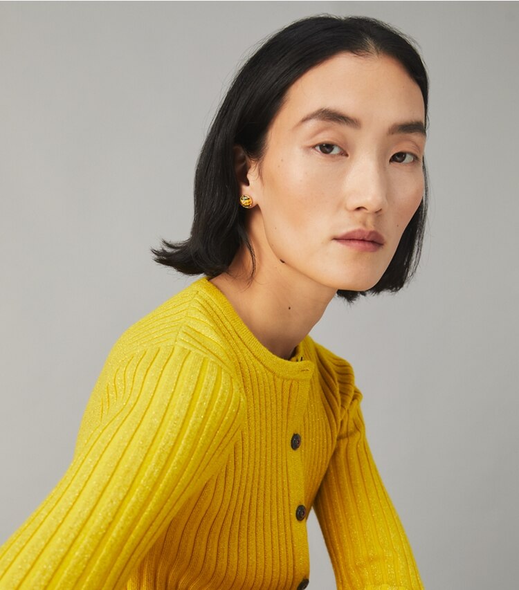 Tory Burch designer earrings Roxanne Circle-Stud Earring in Rolled Gold / Yellow Multi accessory on model