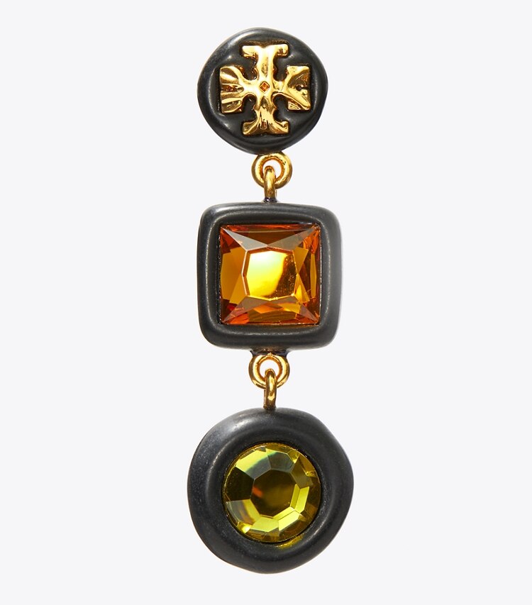 Tory Burch designer earrings Roxanne Crystal Small Double-Drop Earring in Rolled Brass/Matte Black detail