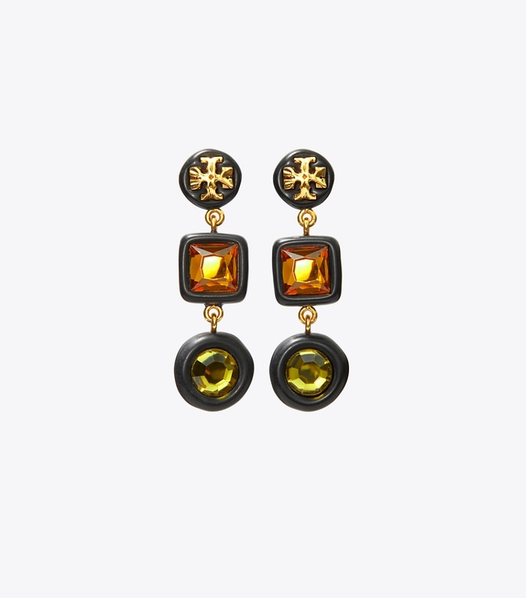 Tory Burch designer earrings Roxanne Crystal Small Double-Drop Earring in Rolled Brass/Matte Black front