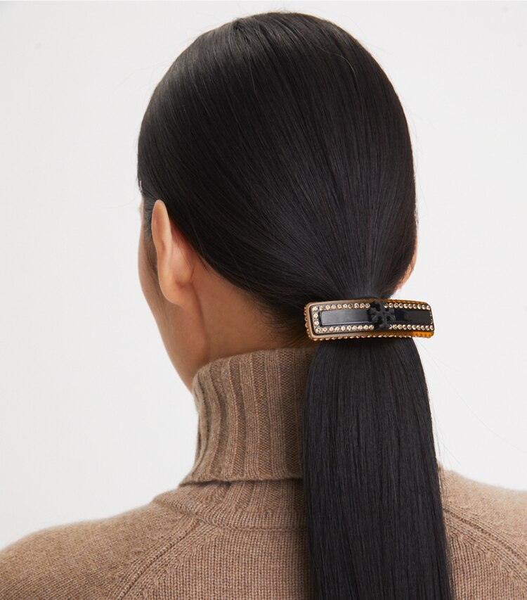 Tory Burch designer hair pins Roxanne Embellished Barrette in Rolled Pewter/Blue Multi accessory on model