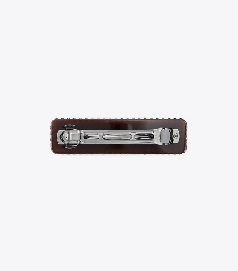 Tory Burch designer hair pins Roxanne Embellished Barrette in Rolled Pewter/Blue Multi front