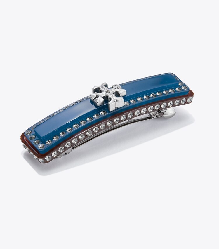Tory Burch designer hair pins Roxanne Embellished Barrette in Rolled Pewter/Blue Multi detail