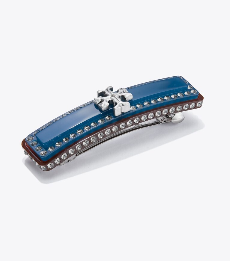 Tory Burch designer hair pins Roxanne Embellished Barrette in Rolled Pewter/Blue Multi front