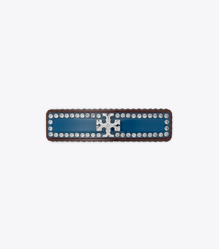 Tory Burch designer hair pins Roxanne Embellished Barrette in Rolled Pewter/Blue Multi front
